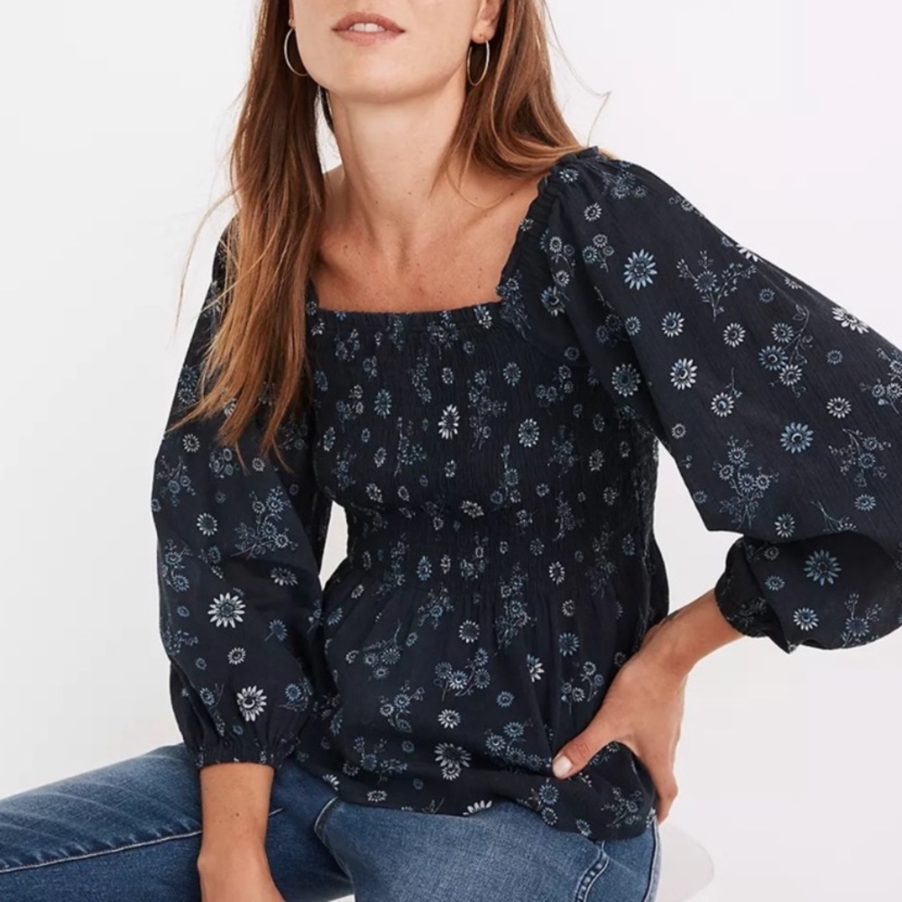 Madewell Black and Blue Floral Top